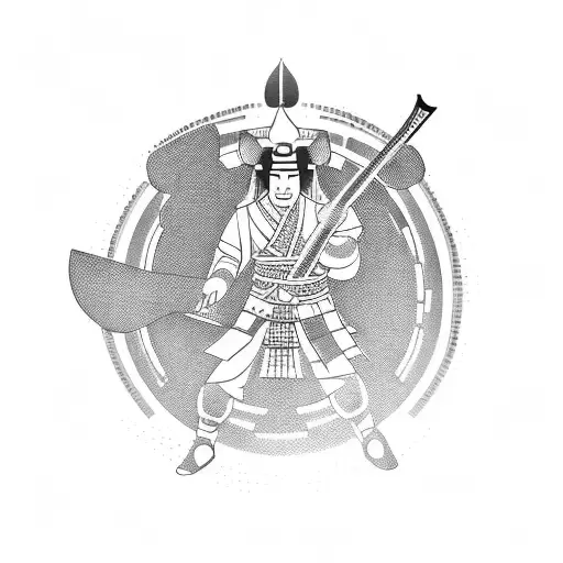A Blackwork Tattoo Of A Samurai Warrior Holding An Electric Guitar