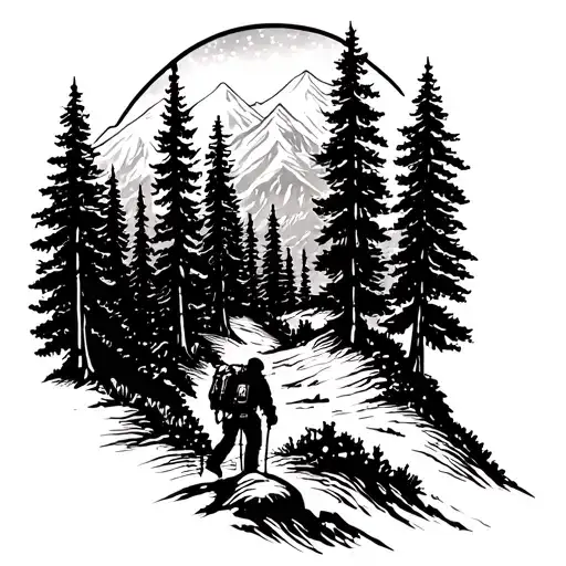 A Silhouette Of A Person Hiking Up A Mountain Trail Surrounded By Tall Pine Trees