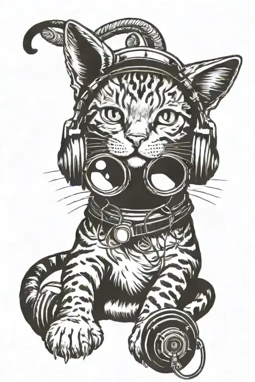 Japan Style Tattoo Of A Cat Wearing Headphones