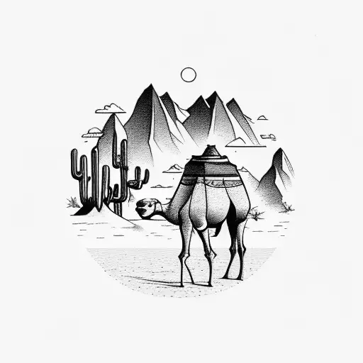 Camel In The Desert With Moutains And Sunset