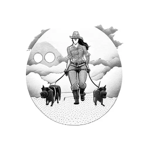 A Blackwork Tattoo Of A Dog Herding Cattle With A Sunset In The Background