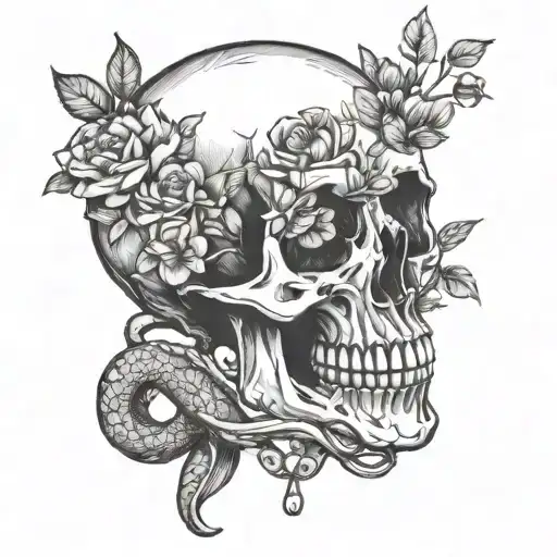 Hand Holding Skull With Flowers And Snake Wrapped