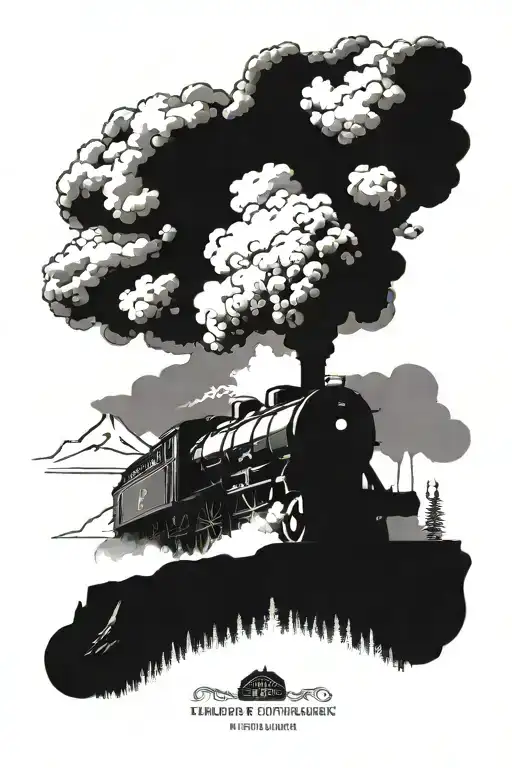 Flying Scotsman Steam Train Surrounded By Pine Trees With Mountain In The Distance In All Black
