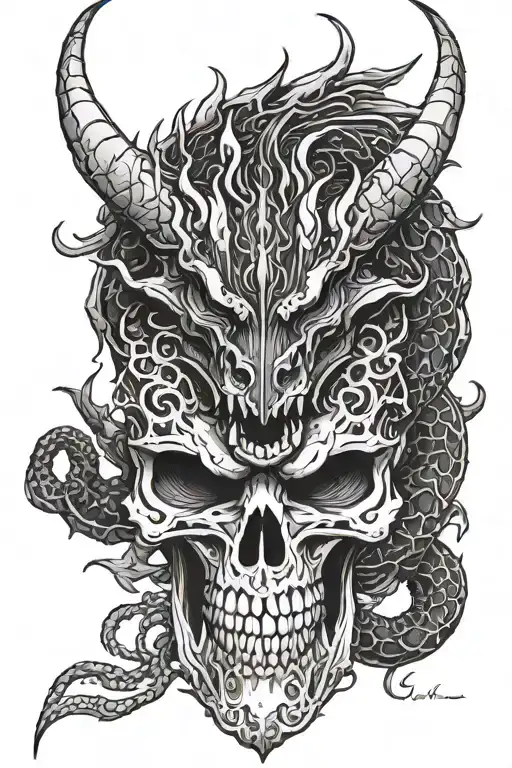 The Black Dragon Around The Skull Of The Demon Mask They