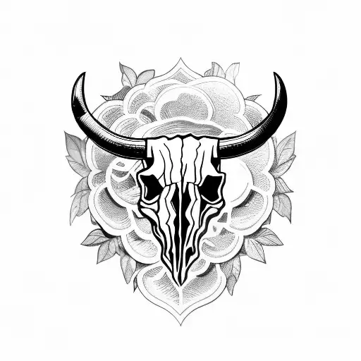 Bull Skull With Cross On It And Floral Wreath Around The Skull