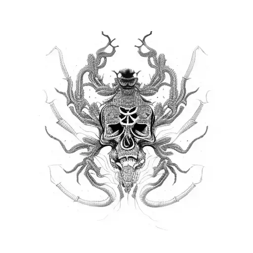 A Centipede Skull Surrounded By Intricate Blackwork Patterns
