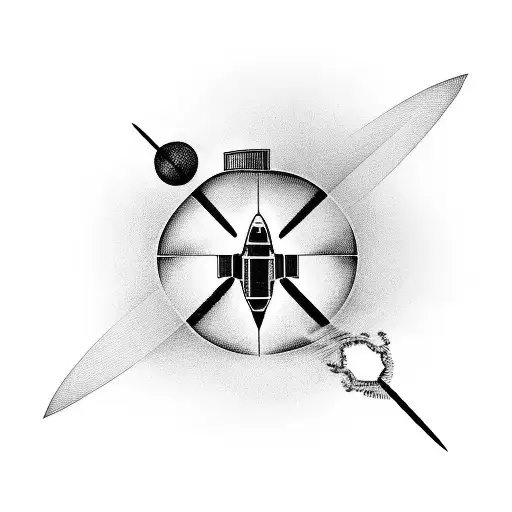 A Blackwork Tattoo Featuring A Vintage Computer Transforming Into A Spaceship Near A Black Hole