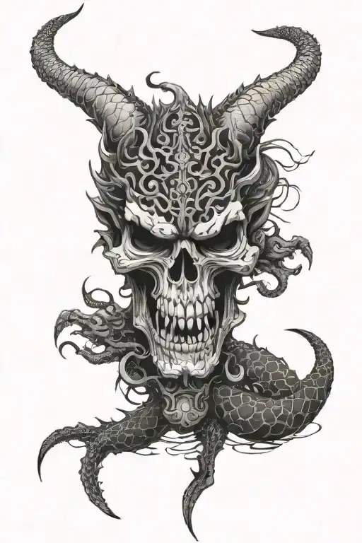 The Black Japan Dragon Around The Skull Of The Demon Mask They