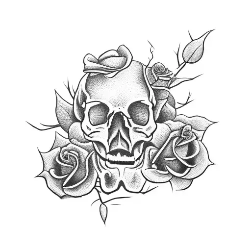 Open Skull With Wilting Rose In Its Mouth And Thorns