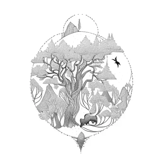 A Nature-inspired Tattoo Featuring A Mystical Forest With Animals And Plants In Blackwork Style