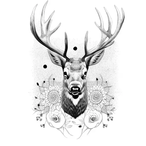 Abstract Elk With Flowers And Birds