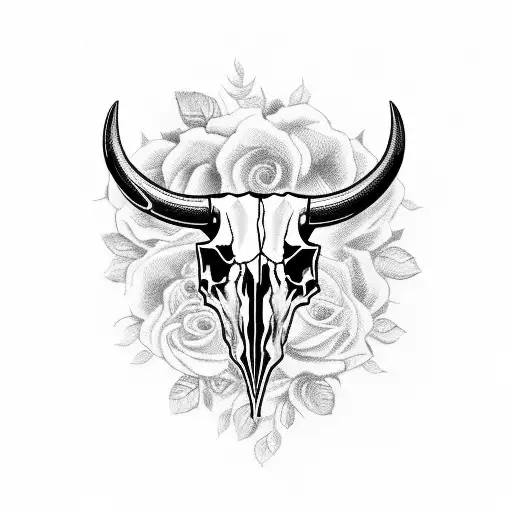 Bull Skull With Cross On It And Floral Wreath Around The Skull