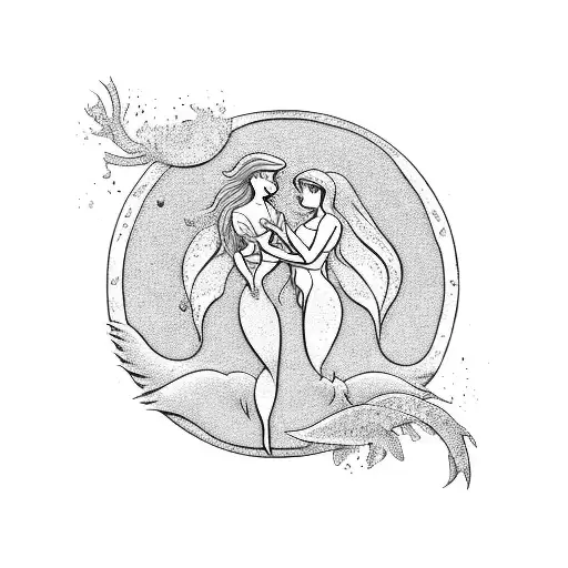 Ariel And A Mermaid Embracing Each Other In A Yin And Yang Symbol