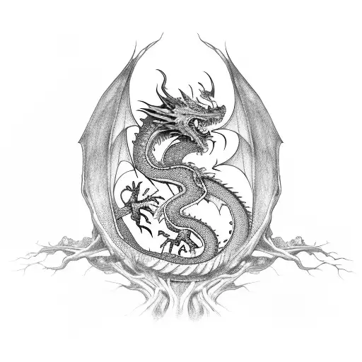 Dragon Perched On A Mythical Tree With Intricate Roots