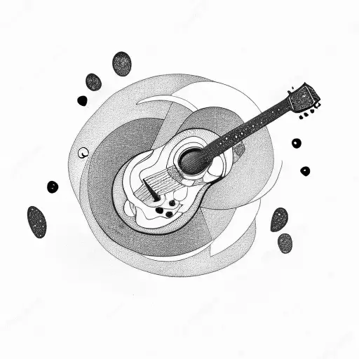 A Minimalist Tattoo Of A Guitar Surrounded By A Cosmic Nebula