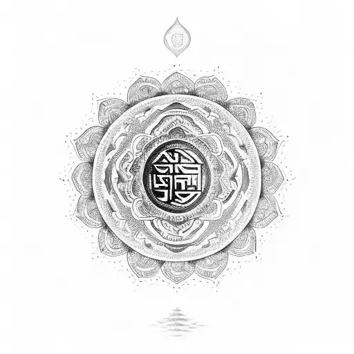 A Mandala Design Incorporating Tibetan Script And Mountains