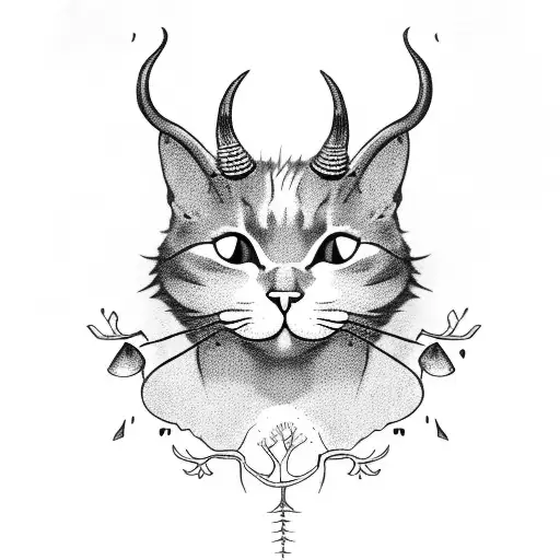 Cat With Horns Mushrooms Tree Roots Mystical Black Lines