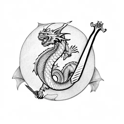 Dragon Holding A Sword In The Shape Of A Treble Cleff