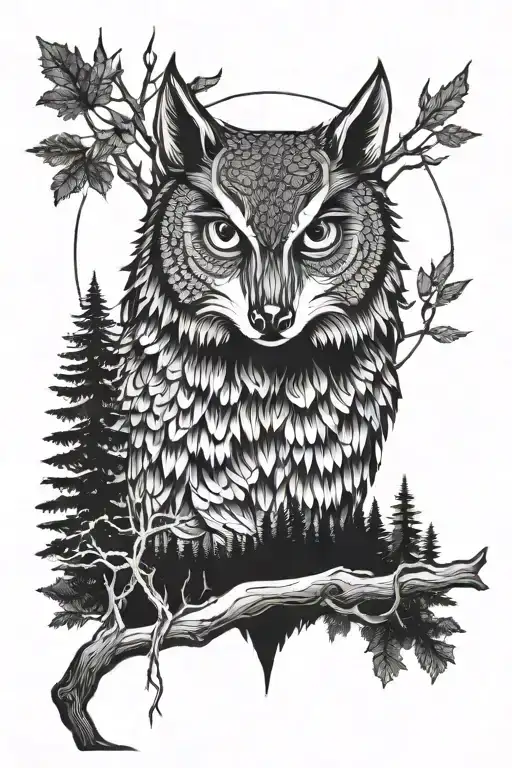 Owl Wolf And Forest Scene