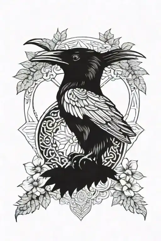 Raven Viking Tattoo With Mandalas For Throat Surrounded By Plants