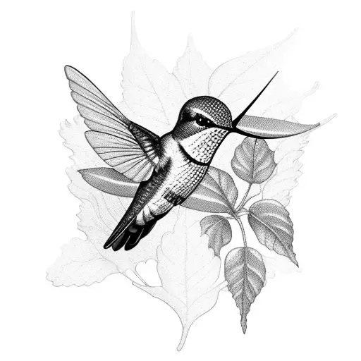 A Blackwork Tattoo Of A Hummingbird Perched On A Delicate Branch With Intricate Leaf Patterns