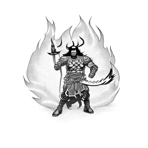 A Powerful Warrior Holding A Bag Of Money With Flames In The Background