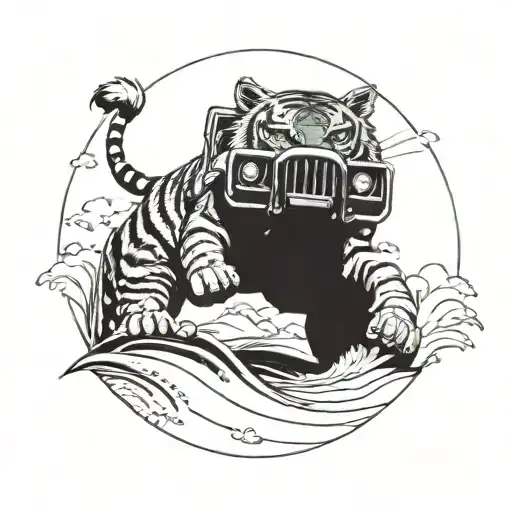 A Tiger Driving A 4X4 Vehicle On The Beach