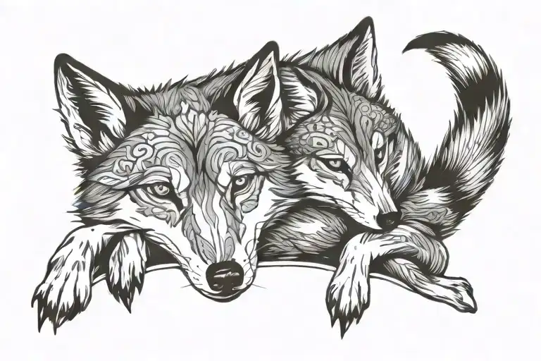 Adult Wolf Sitting Wrapped Around Her Baby Fox Curled