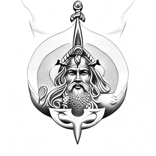 God Poseidon With Dolphin And Trident And Anchor