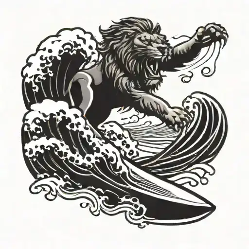 A Roaring Lion Riding A Surfboard Through A Wave