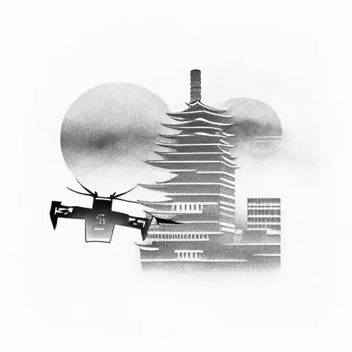 A Japanese Comic-style Skyline With A Black Skyline Car Racing Through The City