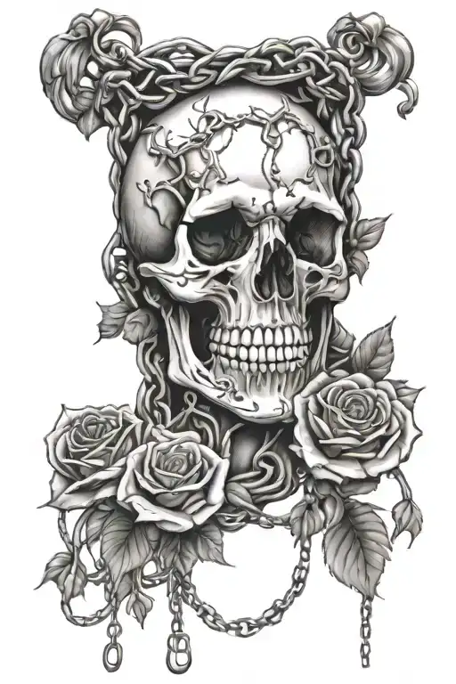Male Skull And Roses Wrapped In Chains And Vines