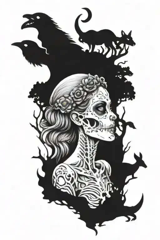 Skeletal Princess With Woodland Animals With The Moon In The Background