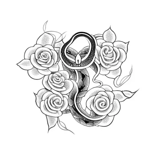 A Majestic Snake Intertwined With A Vine Of Roses And Mushrooms