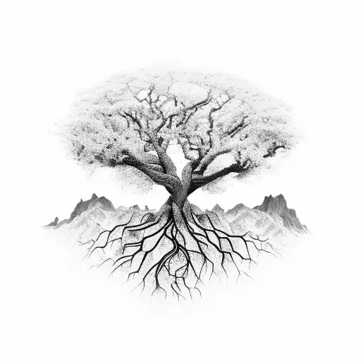 Tree Of Life With Roots Reaching Deep Into The Earth And Branches Stretching Towards The Sky