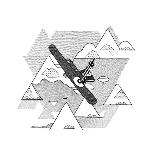 A Blackwork Tattoo Of A Majestic Mountain Range With A Small Airplane Flying Through It