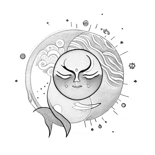 A Delicate Blackwork Tattoo Of A Whimsical Sun And Moon Kissing In A Romantic Embrace