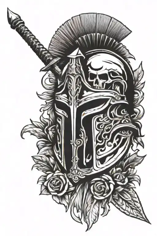 Spartan Helmet With A Spear And A Sword Piercing With The Inscription Memento Mori