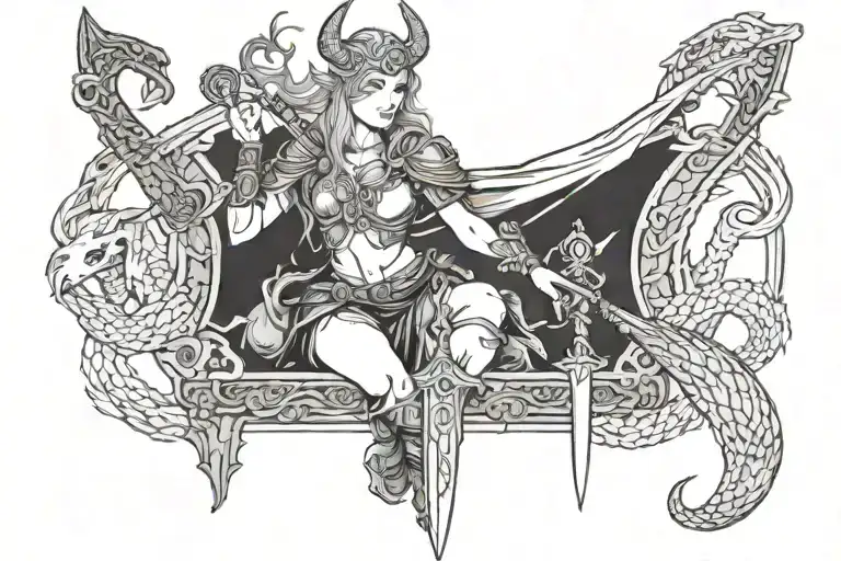 Freya Norse Goddes With Sword In Hand And A Dragon On Top