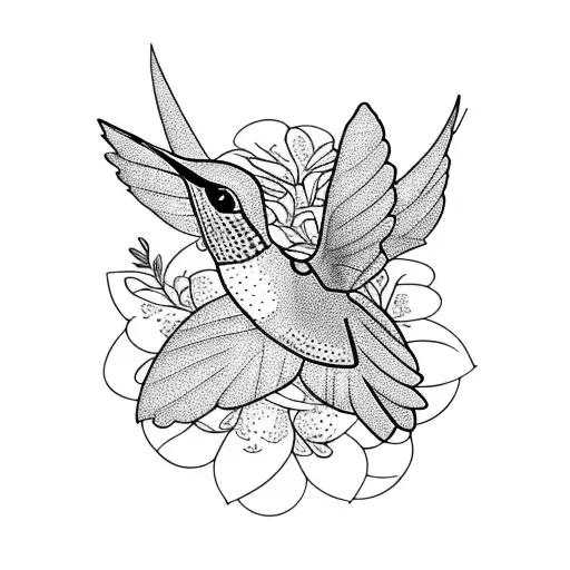 A Blackwork Tattoo Of A Hummingbird Hovering Over A Cluster Of Ixora Coccinea Flowers