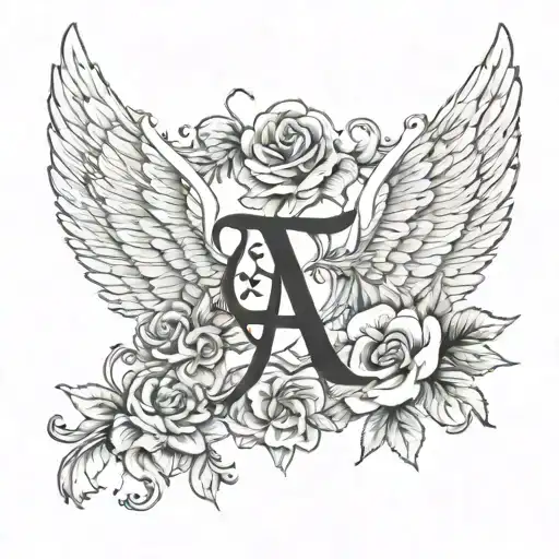 Letter A With Angel Wings And Hearts With Flowers