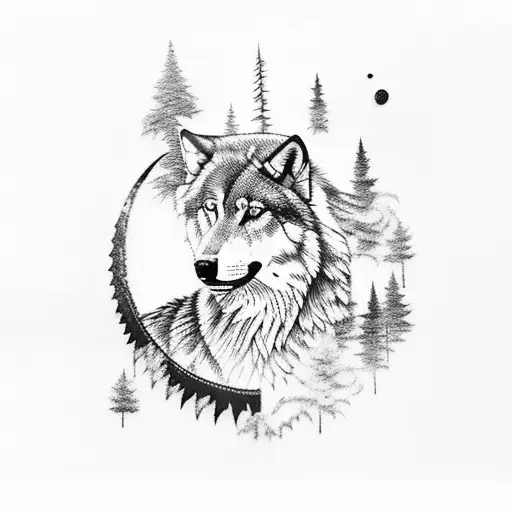 A Blackwork Tattoo Of A Military Tank Surrounded By A Pack Of Wolves In A Moonlit Forest