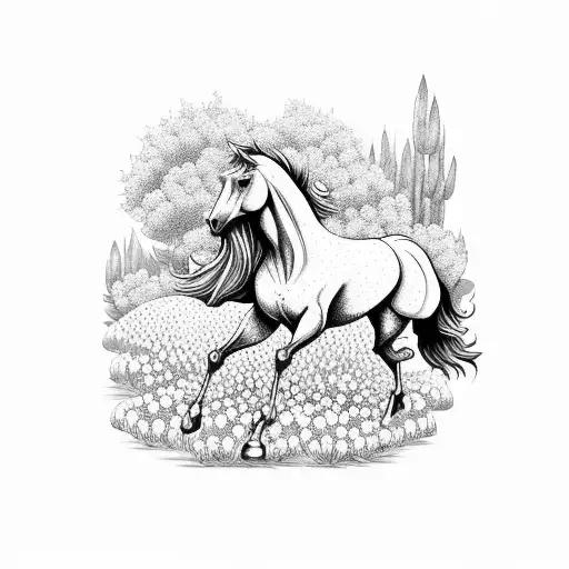 A Majestic Horse Galloping Through A Field Of Blooming Tea Plants