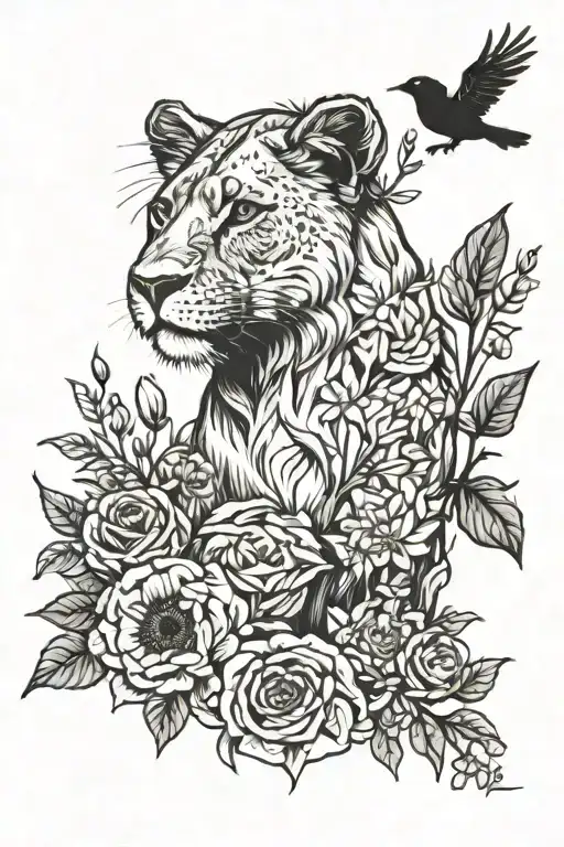 Lioness With Crow Surrounded By Flowers