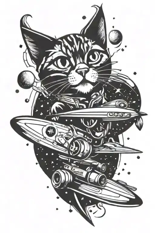 A Surfing Cat Riding A Retro Futuristic Space Ship Through A Disco Music Galaxy