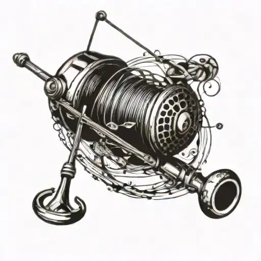 A Detailed Blackwork Tattoo Of A Fishing Rod With Musical Notes Intertwined In The Design