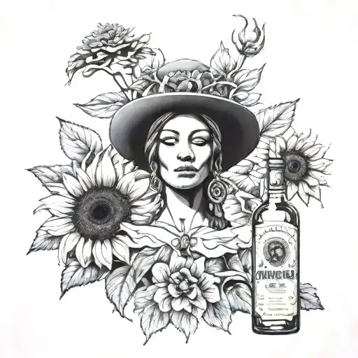 The Goddess Nemesis Portrait Centered In Front Of A Sunflower With A Jose Cuervo Bottle As A Vace