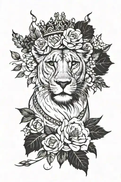 Lioness With Crown Surrounded By Flowers