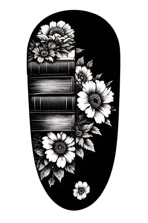 Stack Of Books Behind A Half Sleeve Of Flowers