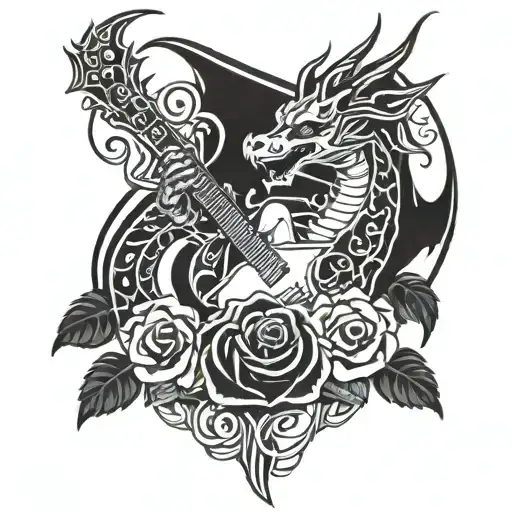 A Tribal Dragon Intertwined With Roses And Electric Guitar Strings
